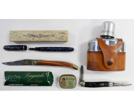 A Conway Stewart Fountain pen with 14ct nib, a pruning knife (French) a penknife, hip flask and tin (5) 