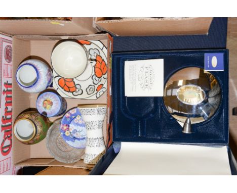 A box of ceramics and glass including Carlton ware vases, preserve pot and cover, Midwinter vase, glass dish, boxed pewter hi