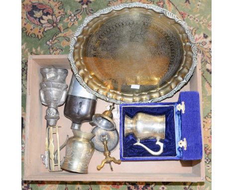 A box containing a collection of assorted metal wares, including tray, brass tray, mug, hip flask, money box etc