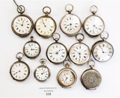 A bag containing twelve ladies silver Hunters, engine turned cases, many with enamelled dials 