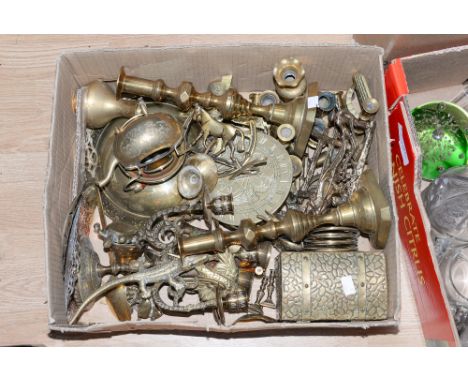 A box of brassware including a pair of Victorian candlesticks, Indian brass and tea caddy (one box) 