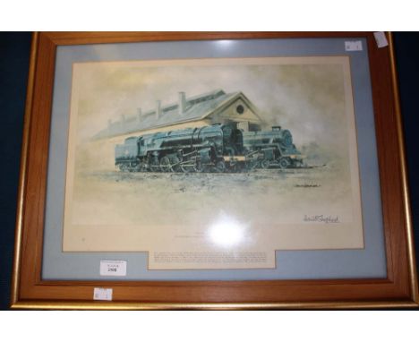 David Shepherd, East Somerset Railway, Black Prince and the Green Knight on Shed, Cranmore, colour print, signed in pen, 29 c
