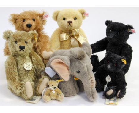 A collection of seven modern Steiff bears and an Elephant, some limited editions to include Black Jack no. 937/2004, Teddy be