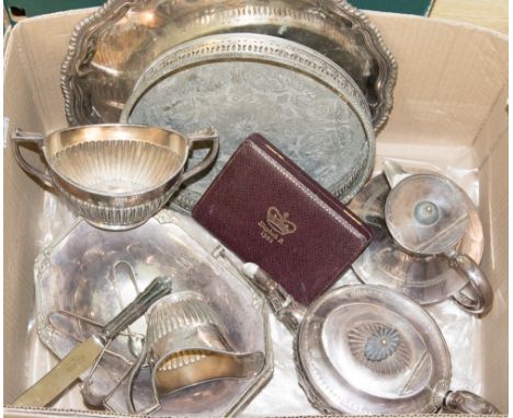 A box of EPNS, including two trays, teapot, cased tea spoons etc