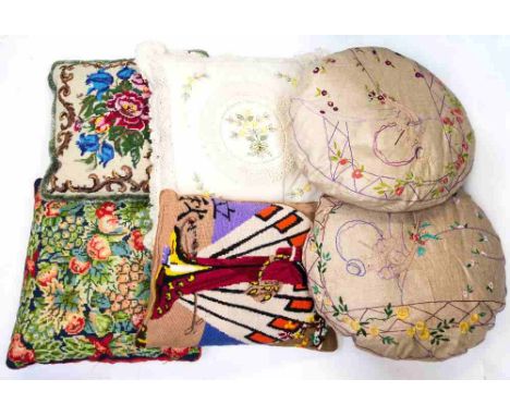 Six various cushions, embroidered and tapestry (6 - one box) 