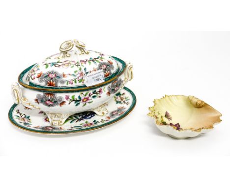 A late 19th Century Royal Worcester oval sauce tureen, cover and stand, with restoration; together with a Royal Worcester blu