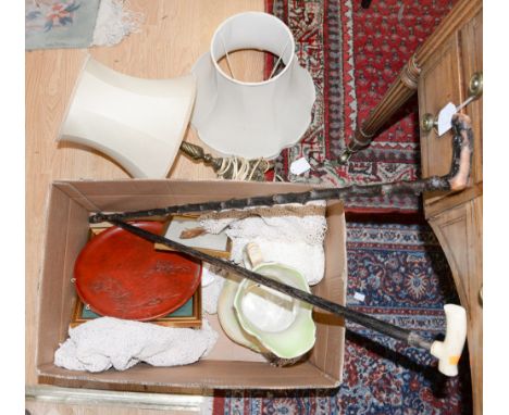 A box of sundries including lamp, walking sticks, textiles, embroidered pictures, etc (one box) 