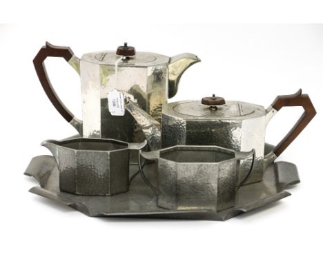 Tray and four piece pewter tea/coffee set, English (5) 