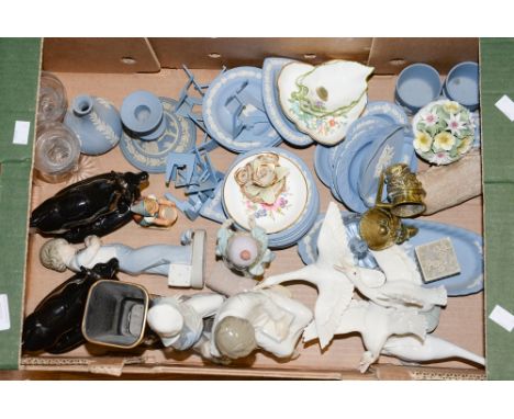 Ceramics including Wedgwood Jasperware; Lladro figures and swans; cow creamers; pin dishes; etc 