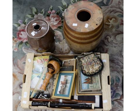 Two stoneware barrels, two plated trophies, tapestry handbag, treen, a bag of railway tickets, etc (one box and two barrels) 