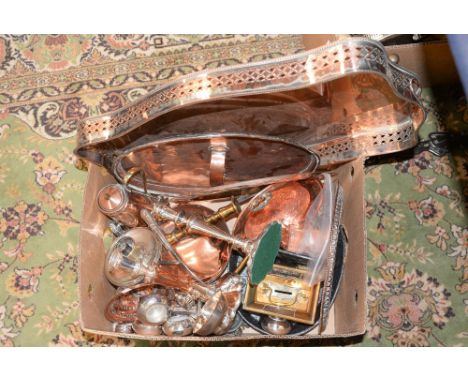 A box of assorted metalware including Arts and Crafts oval copper tray, worn galleried tray, extending toasting fork, bag of 