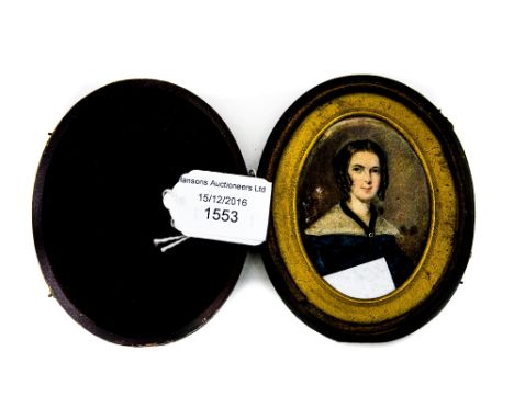 A 19th Century oval portrait miniature on ivory in original case, girl wearing a blue dress (1) 