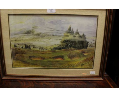 A framed set of four humorous golfing prints, one signed Hiane.L and another golf print (5)
