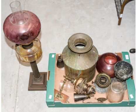 A Victorian glass and brass oil lamp, together with a box of oil lamp parts (Box and lamp)
