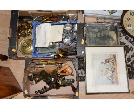 Two boxes of metalwares, tools, treen and a 19th Century hand tinted print after Alken (two boxes) 
