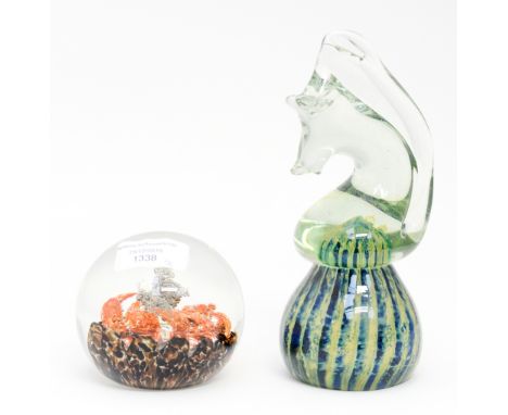 A Mdina glass horse's head paperweight and a Selkirk glass weight (2) 