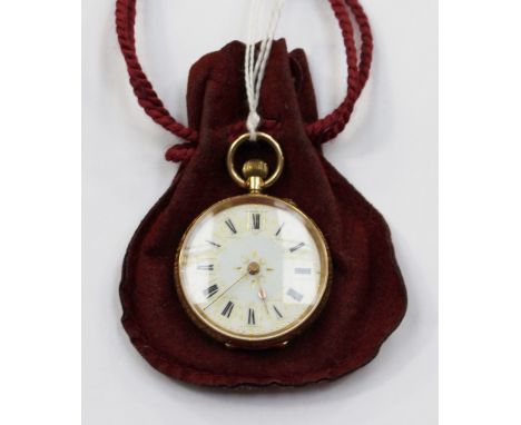 A ladies 14ct. gold cased fob watch with enamel dial with gold detailing