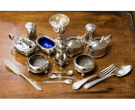 A silver three piece condiment set, Birmingham 1992; other cruets; pair of open salts; spoons; silver spoon, fork, knife; egg