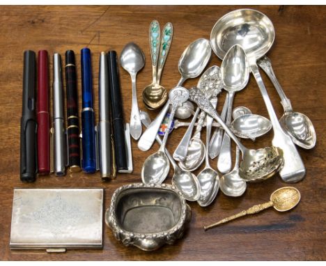 A pair of Russian silver gilt and enamel teaspoons, marked 875, 0.99 ozt approx; a George V silver salt, Birmingham 1910, 1.3