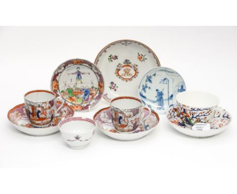 Chinese famille rose tea bowl, monogrammed dish; teacups and saucers; Derby teacup and saucer; Chinese blue and white dish (1