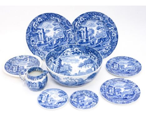 Spode (Copeland) blue and white Italian to include fruit bowl, jug, dessert plates, tea plates, bowl and pin dishes (9) 