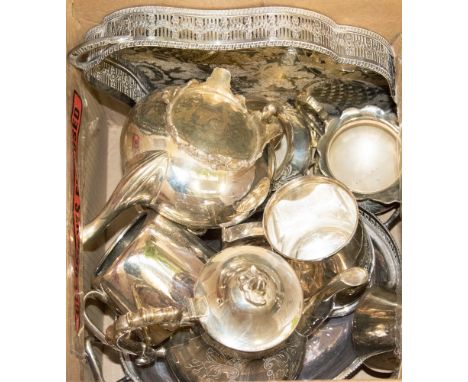 A collection of silver plated items, comprising tea and coffee service, mug, basket etc