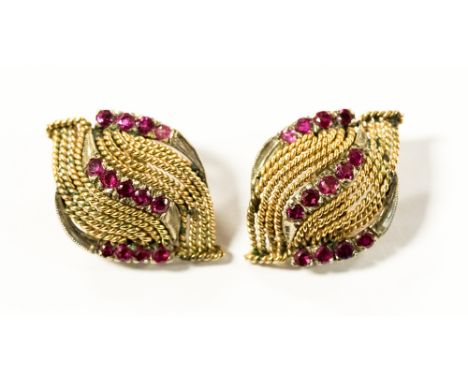 Pair of yellow and white metal ruby set leaf shaped earrings, beaded rope twist decoration, gross weight approximately 9.4 gr