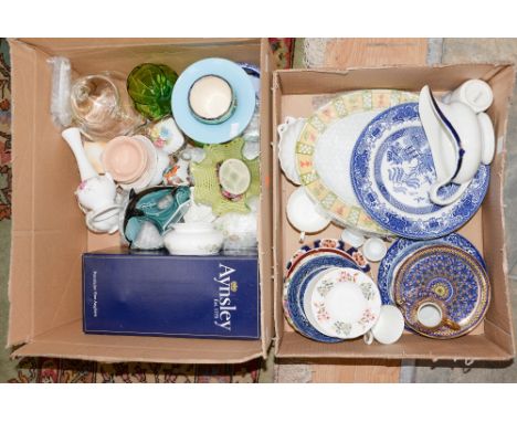 Two boxes of ceramics and glassware, including boxed Aynsley vase, Chance glass, Poole, assorted tea wares, etc 