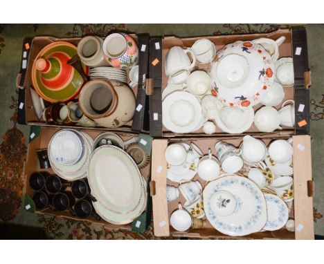 Five boxes of assorted ceramics to include cream Royal Crown Derby tea wares, Royal Crown Derby Imari pedestal dish, Royal Do