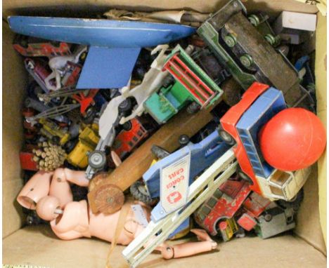 A box of playworn vehicles, including Corgi, Dinky, Action Man type, tin plate, etc 