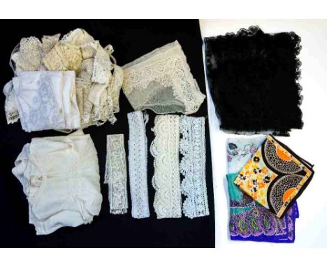 A collection of lace to include various pieces and rolls of lace from 1918-1920, 1930-1940 and silk hankie's in various colou