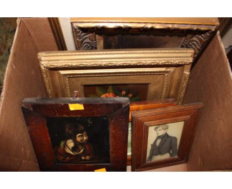 A box of assorted watercolours, oils and prints, including a watercolour portrait of an early 19th Century gentlemen, an oil 