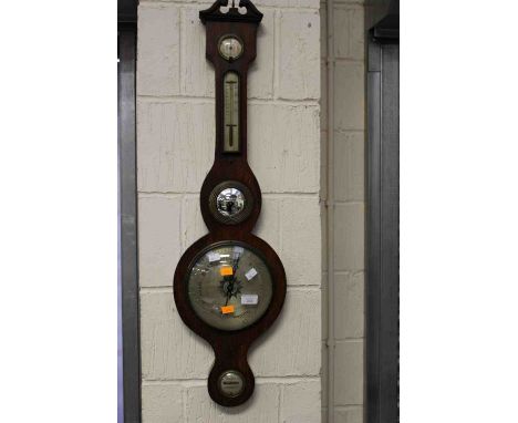 A 19th Century mahogany banjo barometer and thermometer, the top with a swan-neck pediment, spirit level to base