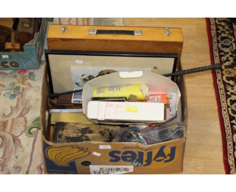 A pricing gun and label reels, riding crop, artists boxes etc, tins, playing cards etc (1 box)    