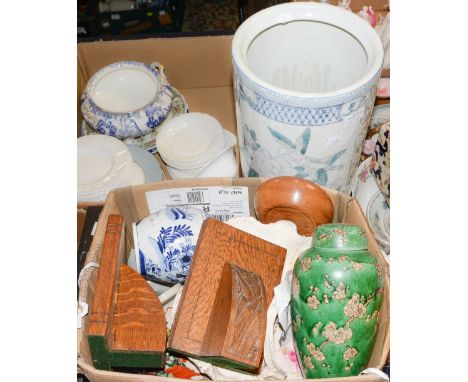 A box of assorted ceramics including ginger jars, jugs, etc and a ceramic stick stand 