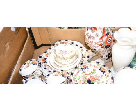 A box of mixed ceramics to include Crown Derby Posie Victorian tea service, with Victorian glass vases 