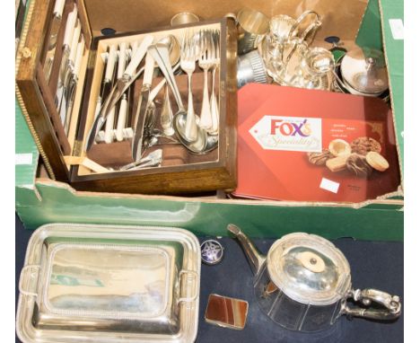 A box of silver plate including teapot, cased and loose cutlery, entree dish, etc 