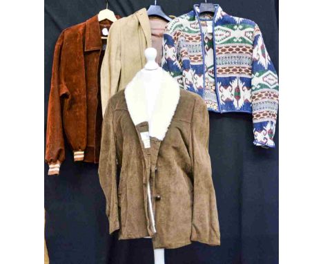 A Camel coloured 1960s suede jacket, staining on left sleeve underarm, a brown suedette coat with a faux fur lining (1970s) a