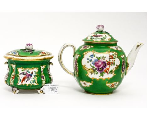 A late 19th Century Staffordshire Worcester style bullet shaped teapot and cover, apple green ground printed and tinted with 