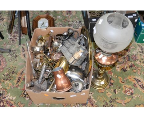 Mappin & Webb plated teaset, brass and copper oil lamp, brass chamber stick, two mortar and pestles, etc 