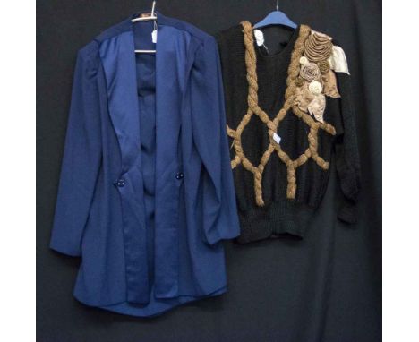 A 1980s navy rayon suit with a longline jacket by Bacale, S.A satin shawl collar and pencil line skirt together with an unusu