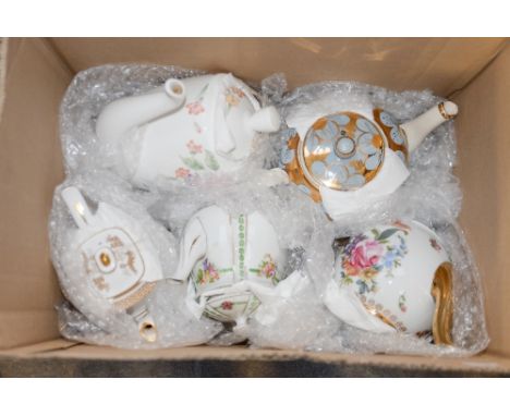 A box of coffee and teapots, including Spode, Royal Albert, etc 