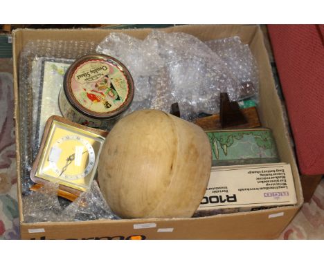 A box of collectables including a tin of buttons, coal ornaments, Harrods mug, Milliners frame, playing cards, desk calendar 