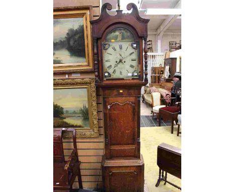 A George IV mahogany eight day longcase clock, the white enamelled dial inscribed 'Richards, Uttoxeter', the hood with a swan