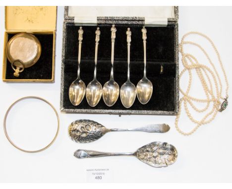 A silver gilt yellow enamelled bangle, a gold plate Elgin pocket watch (af) plated spoons, etc  