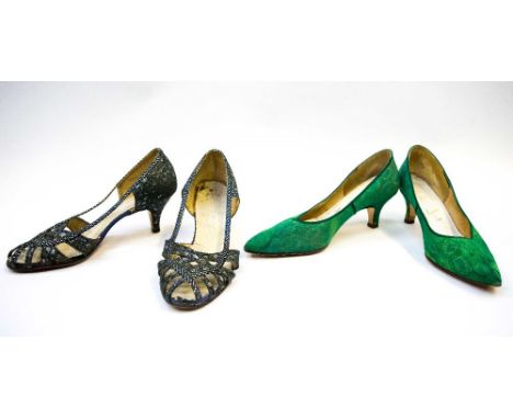 Two pairs of shoes to include a jade brocade late 1950, court shoe and a pair of brocade grey gunmetal sandal with cross over