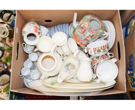 A famille rose teapot, having wishbone handle, with a box of assorted ceramics, including Royal Doulton part dinner and tea w