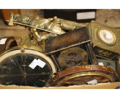 A box of nine mantle and smaller clocks, including a skeleton clock and a barometer (10) 