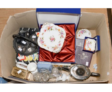 A box of miscellaneous ceramics including Royal Crown Derby, Royal Worcester, Jasperware, board games and EPNS (18)