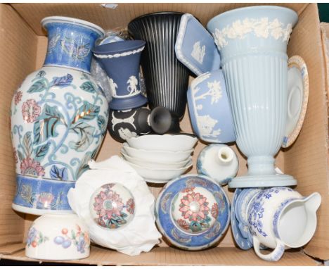 A of Wedgwood Jasperware, bone china to include Spode, modern vases and ginger jars, etc (one box) 